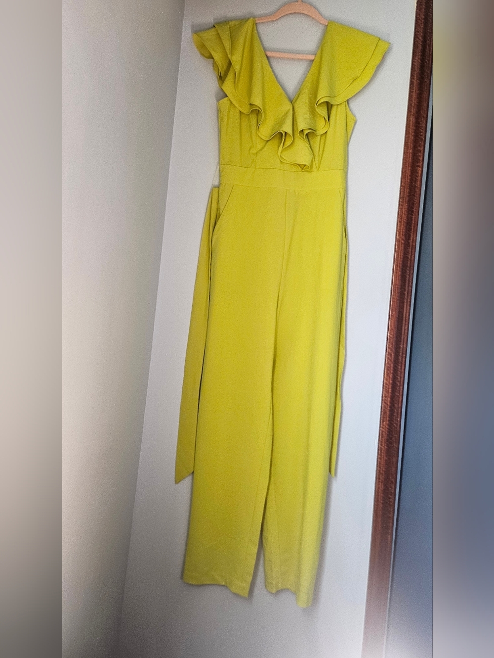 Fashion Nova Ruffle V-Neck Jumpsuit in Chartreuse Yellow